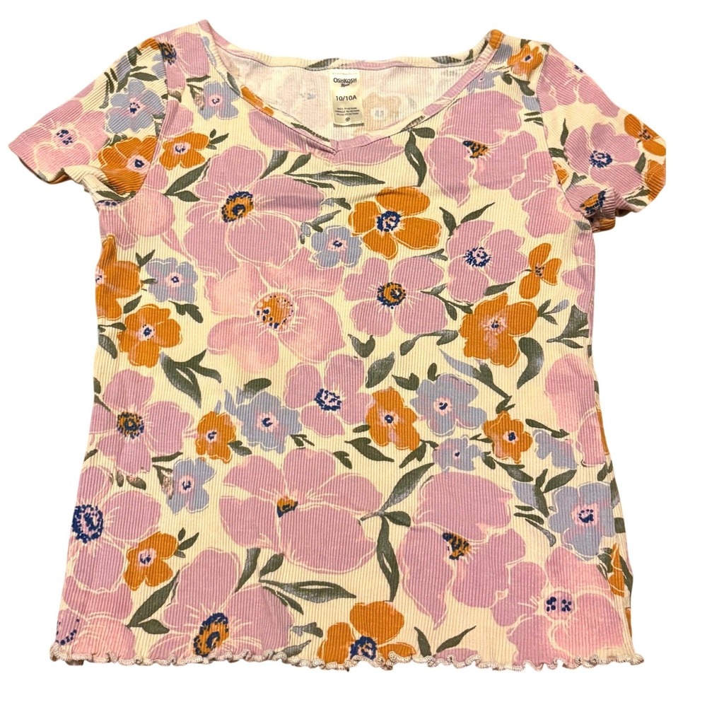 OshKosh B'gosh Floral Ribbed T-Shirt Kids 10 Multicolor Good Lettuce Edge Tee